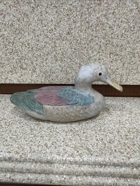 Vintage Hand-Painted Wood Carved  Duck Figurine in Pastel Greens and Pinks